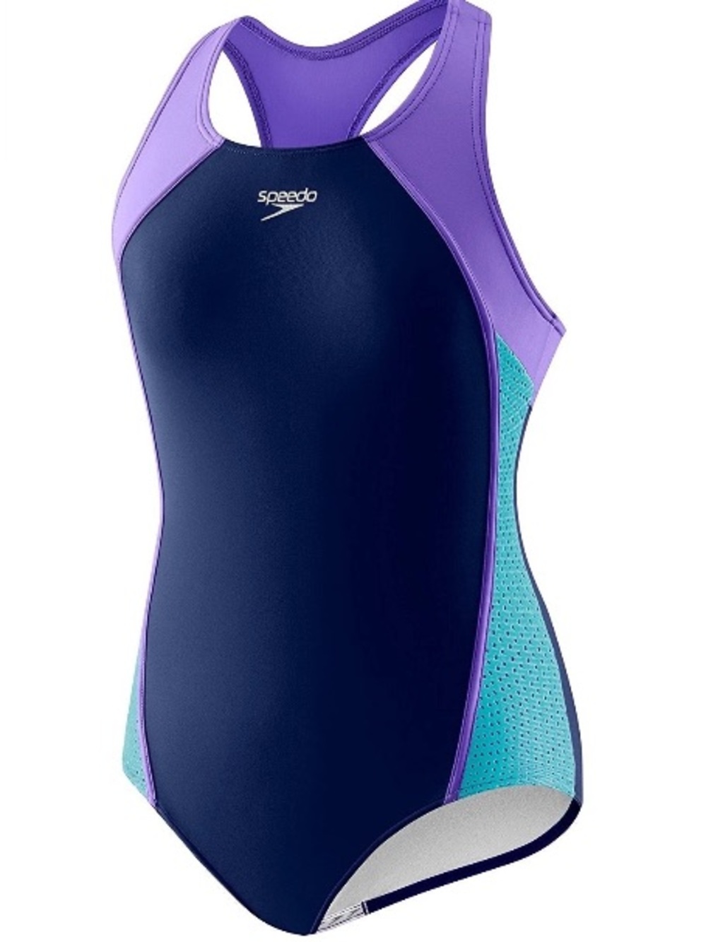Speedo Girls Mesh Thick Strap Swimsuit Navy Breathable side panels wide straps